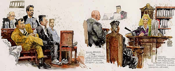 BAWAG trial:  the verdict. Oliver Schopf, editorial cartoons, court room art, BAWAG Trial 2007: Most important bank and economy trial in Austria&#8217;s  Second Republik. 9 defendents among 2 CEO and one international investment banker. The defendants: Wolfgang Floett; Helmut Elsner; Johann Zwettler