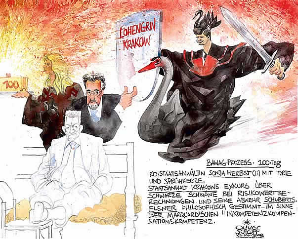  Oliver Schopf, editorial cartoons, court room art, BAWAG Trial 2007: Most important bank and economy trial in Austria&#8217;s  Second Republik. 9 defendents among 2 CEO and one international investment banker. The defendants: Wolfgang Floett; Helmut Elsner; Johann Zwettler