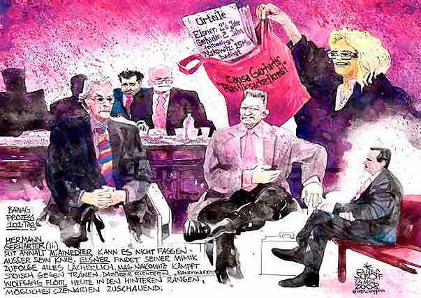  Oliver Schopf, editorial cartoons, court room art, BAWAG Trial 2007: Most important bank and economy trial in Austria&#8217;s  Second Republik. 9 defendents among 2 CEO and one international investment banker. The defendants: Wolfgang Floett; Helmut Elsner; Johann Zwettler