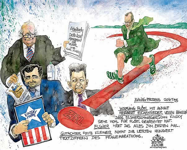  Oliver Schopf, editorial cartoons, court room art, BAWAG Trial 2007: Most important bank and economy trial in Austria&#8217;s  Second Republik. 9 defendents among 2 CEO and one international investment banker. The defendants: Wolfgang Floett; Helmut Elsner; Johann Zwettler