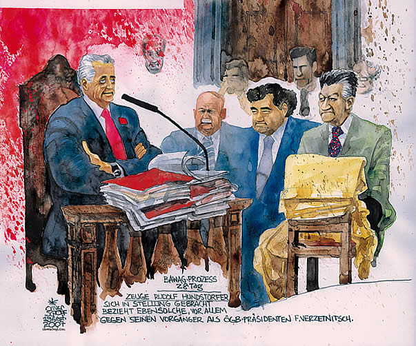 BAWAG trial:  the verdict. Oliver Schopf, editorial cartoons, court room art, BAWAG Trial 2007: Most important bank and economy trial in Austria&#8217;s  Second Republik. 9 defendents among 2 CEO and one international investment banker. The defendants: Wolfgang Floett; Helmut Elsner; Johann Zwettler