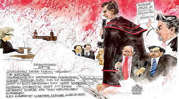 BAWAG trial:  the verdict. Oliver Schopf, editorial cartoons, court room art, BAWAG Trial 2007: Most important bank and economy trial in Austria&#8217;s  Second Republik. 9 defendents among 2 CEO and one international investment banker. The defendants: Wolfgang Floett; Helmut Elsner; Johann Zwettler