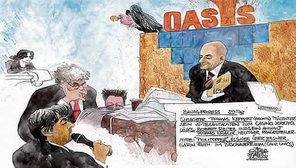  Oliver Schopf, editorial cartoons, court room art, BAWAG Trial 2007: Most important bank and economy trial in Austria&#8217;s  Second Republik. 9 defendents among 2 CEO and one international investment banker. The defendants: Wolfgang Floett; Helmut Elsner; Johann Zwettler