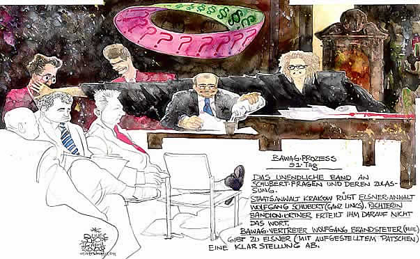  Oliver Schopf, editorial cartoons, court room art, BAWAG Trial 2007: Most important bank and economy trial in Austria&#8217;s  Second Republik. 9 defendents among 2 CEO and one international investment banker. The defendants: Wolfgang Floett; Helmut Elsner; Johann Zwettler