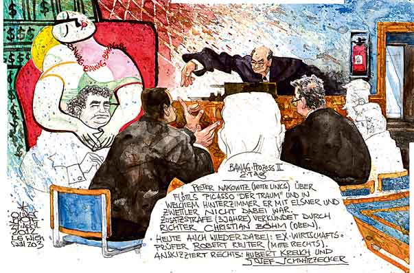   Oliver Schopf, politischer Karikaturist aus Österreich, politische Karikaturen aus Österreich, Karikatur Illustrationen Gerichtszeichnungen Gerichtzeichnungen Prozesszeichnung Gerichtsaalzeichnungen  Neuauflage des BAWAG-Prozess 2012  BAWAG PROZESS II 2.TAG FLOETTL NAKOWITZ RICHTER CHRISTIAN BOEHM KREUCH SCHWARZECKER PICASSO GEMAELDE DER TRAUM LANDESGERICHT WIEN 

