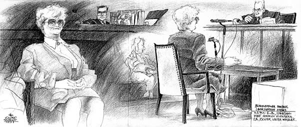 Oliver Schopf, editorial cartoons from Austria, cartoonist from Austria, Austrian illustrations, illustrator from Austria, editorial cartoon court room art: 1997  homicide trial against the serialkiller Elfriede Blauensteiner, to be accused of killing three lovers by poison. Seriellkiller