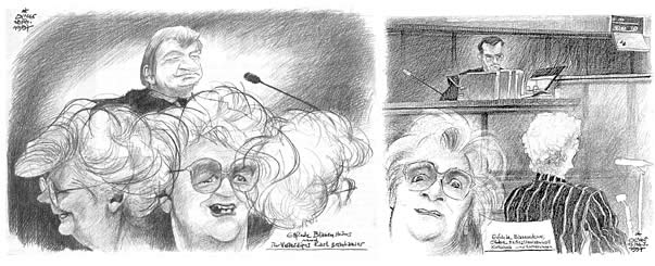 Oliver Schopf, editorial cartoons from Austria, cartoonist from Austria, Austrian illustrations, illustrator from Austria, editorial cartoon court room art: 1997  homicide trial against the serialkiller Elfriede Blauensteiner, to be accused of killing three lovers by poison. Serial killer and black widow