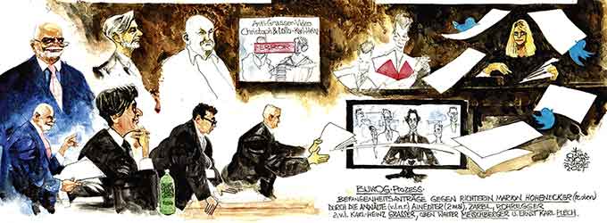   Oliver Schopf, politischer Karikaturist aus Österreich, politische Karikaturen aus Österreich, Karikatur Illustrationen Gerichtszeichnungen Gerichtzeichnungen Prozesszeichnung Gerichtsaalzeichnungen 2017 BUWOG PROZESS TAG 1 GRASSER MEISCHBERGER HOCHEGGER PLECH RICHTERIN HOHENECKER MANFRED AINEDTER JÖRG ZARBL DER STANDARD
