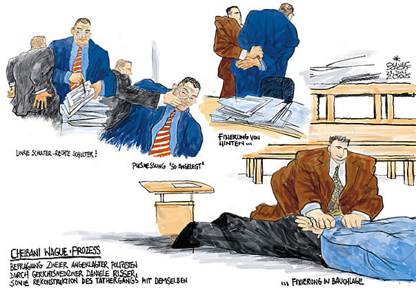 Oliver Schopf, editorial cartoons, court room art, the criminal case against six police officers, three paramedics and an ambulance doctor charged with involuntary manslaughter in connection with the death of Cheibani Wague, a Mauritanian citizen, on 16 July 2003 in court