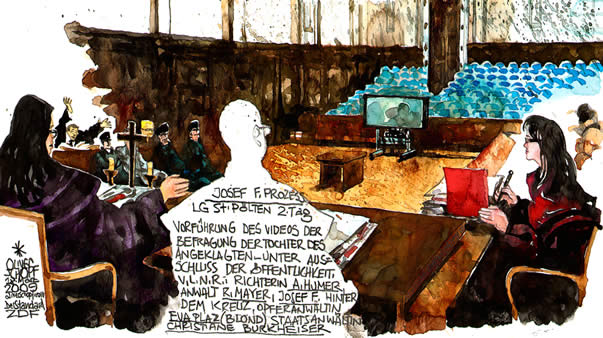 Oliver Schopf, politischer Karikaturist aus Österreich, politische Karikaturen aus Österreich, Karikatur Illustrationen Gerichtsprozesse Prozesse 2009: Josef Fritzl Urteilsverkündung urteilsverkuendung