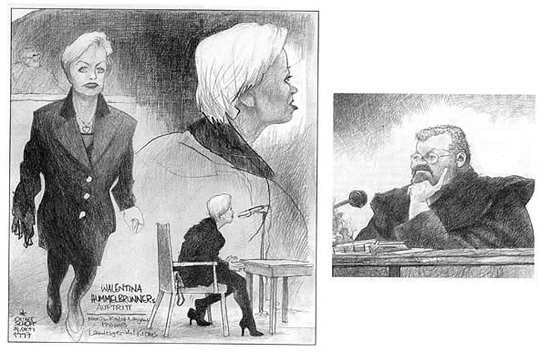 Oliver Schopf, editorial cartoons from Austria, cartoonist from Austria, Austrian illustrations, illustrator from Austria, editorial cartoon court room art: fraud trial against Franz Kalal and the famous Austrian journalist Peter M. Lingens and lawyer Wolfgang Mekis