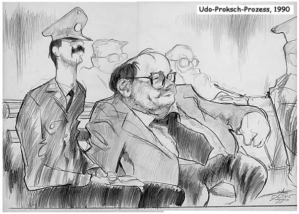 Oliver Schopf, editorial cartoons from Austria, cartoonist from Austria, Austrian illustrations, illustrator from Austria, editorial cartoon court room art: fraud trial against Franz Kalal and the famous Austrian journalist Peter M. Lingens and lawyer Wolfgang Mekis