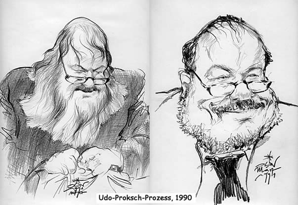 Oliver Schopf, politischer Karikaturist aus Österreich, politische Karikaturen aus Österreich, Karikatur Illustrationen Gerichtsprozesse Prozesse: 1990 Udo Proksch vor Gericht, Lucona, Versicherungsbetrug Mord