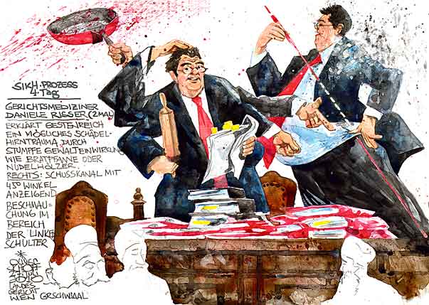 Oliver Schopf, editorial cartoons, court room art, BAWAG Trial 2010:Vienna court sikh trial ravidass forensic doctor daniele risser