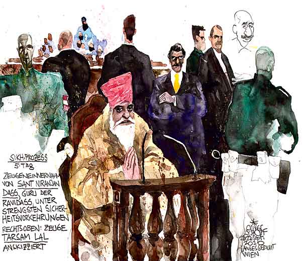 Oliver Schopf, editorial cartoons, court room art, BAWAG Trial 2010: Vienna court sikh trial Vienna court sikh trial ravidass guru sant niranjan dass security bodyguard5