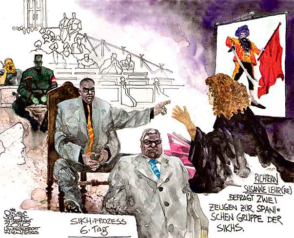 Oliver Schopf, editorial cartoons, court room art, BAWAG Trial 2010: Vienna court sikh trial Vienna court sikh trial Vienna court sikh trial ravidass judge susanne lehr witness spanish group torero