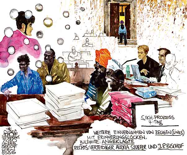Oliver Schopf, editorial cartoons, court room art, BAWAG Trial 2010: Vienna court sikh trial Vienna court sikh trial ravidass witness laywer alexia stuefer josef philipp bischof