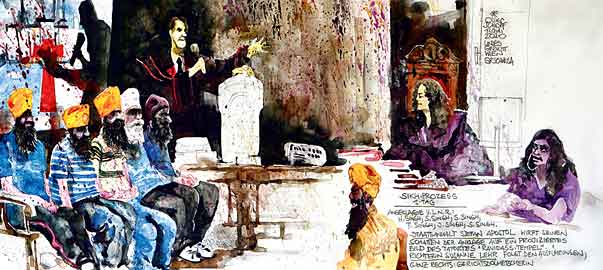 Oliver Schopf, editorial cartoons, court room art, BAWAG Trial 2010: vienna court sikh trial ravidass Susanne lehr stefan apostol