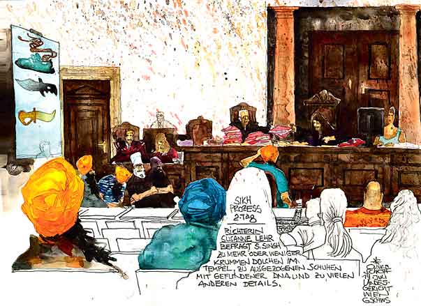 Oliver Schopf, editorial cartoons, court room art, BAWAG Trial 2010: vienna court sikh trial ravidass Susanne lehr stefan apostol