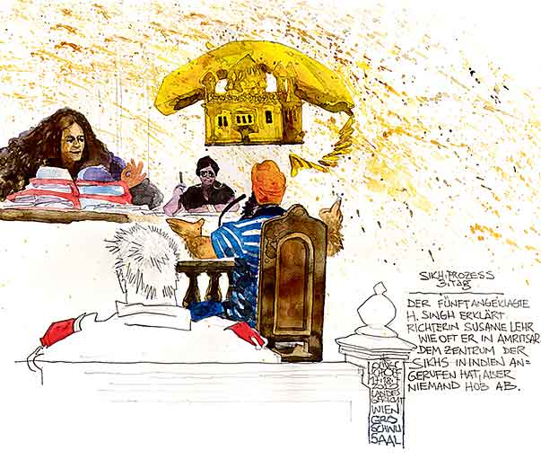 Oliver Schopf, editorial cartoons, court room art, BAWAG Trial 2010: vienna court sikh trial ravidass Susanne lehr stefan apostol