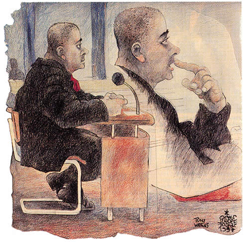 Oliver Schopf, editorial cartoons from Austria, cartoonist from Austria, Austrian illustrations, illustrator from Austria, editorial cartoon court room art: 1997 Singer Tony Wegas to be accused of robbery and drug abuse