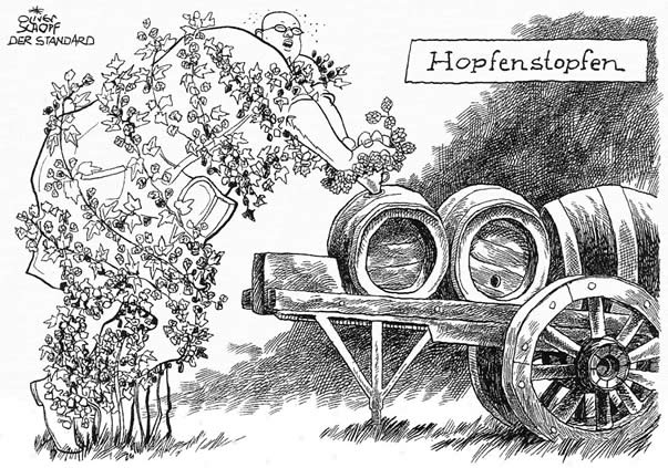 Oliver Schopf, politischer Karikaturist aus Österreich, politische Karikaturen aus Österreich, Karikatur Illustrationen Artwork Skizzen illustrative Zeichnung Zeichnungen: Buchillustration „Conrad Seidls Bier-Katechismus“, Franz Deutike Verlagsges.m.b.H, Wien-München 1999.
