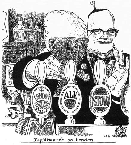 Oliver Schopf, politischer Karikaturist aus Österreich, politische Karikaturen aus Österreich, Karikatur Illustrationen Artwork Skizzen illustrative Zeichnung Zeichnungen: Buchillustration „Conrad Seidls Bier-Katechismus“, Franz Deutike Verlagsges.m.b.H, Wien-München 1999.
