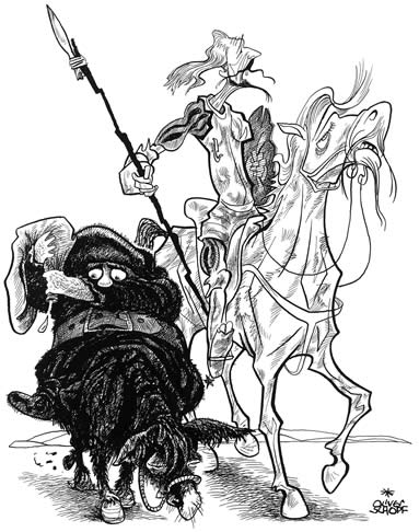 Oliver Schopf, politischer Karikaturist aus Österreich, politische Karikaturen aus Österreich, Karikatur Illustrationen Artwork Skizzen illustrative Zeichnung Zeichnungen: BuchillustrationDer Ritter von der traurigen Gestalt“, Miguel de Cervantes Saavedra Obelik Verlag Don Quixote Don Quijote der Mann von la Mancha
