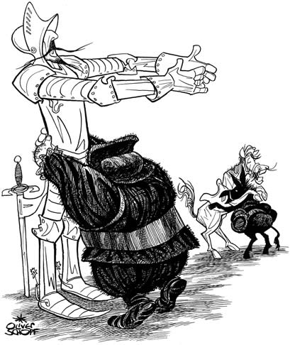 Oliver Schopf, politischer Karikaturist aus Österreich, politische Karikaturen aus Österreich, Karikatur Illustrationen Artwork Skizzen illustrative Zeichnung Zeichnungen: BuchillustrationDer Ritter von der traurigen Gestalt“, Miguel de Cervantes Saavedra Obelik Verlag Don Quixote Don Quijote der Mann von la Mancha
