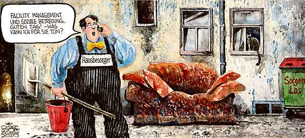 Oliver Schopf, politischer Karikaturist aus Österreich, politische Karikaturen aus Österreich, Karikatur Illustrationen artwork Aquarell:
hausbesorger manager facility mangement soziale betreuung hof couch sorgen 

