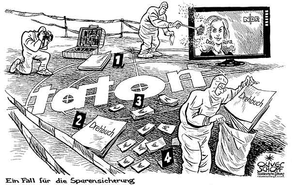  Oliver Schopf, politischer Karikaturist aus Österreich, politische Karikaturen, Illustrationen Archiv politische Karikatur Deutschland: 2009: ein fall für die spurensicherung ard, ndr, tatort, doris heinze, drehbuch, spurensicherung