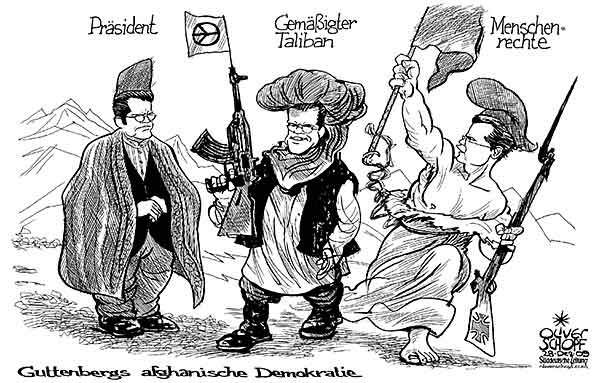  Oliver Schopf, politischer Karikaturist aus Österreich, politische Karikaturen, Illustrationen Archiv politische Karikatur Deutschland 2009 karl-theodor zu guttenberg, verteidigungsminister, afghanistan, taliban, demokratie, menschenrechte, freiheit 