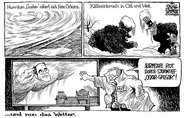  Oliver Schopf, politischer Karikaturist aus Österreich, politische Karikaturen, Illustrationen Archiv politische Karikatur Deutschland:christian wulff, cdu, linkspartei, lafontaine, gysi, wetter, hurrikan gustav CDU