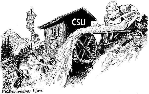  Oliver Schopf, politischer Karikaturist aus Österreich, politische Karikaturen, Illustrationen Archiv politische Karikatur Deutschland: CSU, michael glos, csu, konjunkturprogramm, muehle, mueller, wasser auf muehle
 