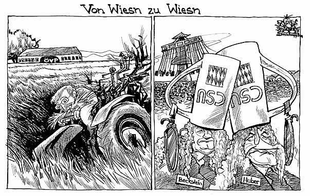  Oliver Schopf, politischer Karikaturist aus Österreich, politische Karikaturen, Illustrationen Archiv politische Karikatur Deutschland: CSU,  wahl 08, oevp, csu, molterer, beckstein, huber, traktor, wiesn

 