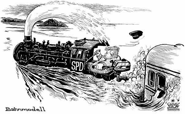  Oliver Schopf, politischer Karikaturist aus Österreich, politische Karikaturen, Illustrationen Archiv politische Karikatur Deutschland: deutschland,deutschland, spd, kurt beck, bahnmodell, lokomotive, hochwasser spd 