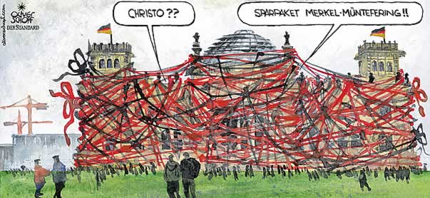  Oliver Schopf, politischer Karikaturist aus Österreich, politische Karikaturen, Illustrationen Archiv politische Karikatur Deutschland: 2005 Koalitionsverhandlungen die an ein Kunstwerk von verpackungskünstler Christo gemahnen