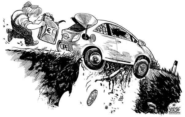  
Oliver Schopf, editorial cartoons from Austria, cartoonist from Austria, Austrian illustrations, illustrator from Austria, editorial cartoon
Europe EU eu germany 2009:  finance economy crisis car company opel on the brink  chancellor angela merkel bringing fuel to the car on the brink   opel   bailout