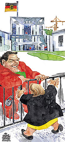  Oliver Schopf, politischer Karikaturist aus Österreich, politische Karikaturen, Illustrationen Archiv politische Karikatur Deutschland: Wahl 2005 Gerd Schroeder; Angela Merkel; Berlin  
