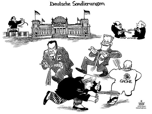  Oliver Schopf, politischer Karikaturist aus Österreich, politische Karikaturen, Illustrationen Archiv politische Karikatur Deutschland: 2005 nach der Wahl; Deutsche Wahlen; Sondierungen mit der Wünschelrute Deutsche Politiker