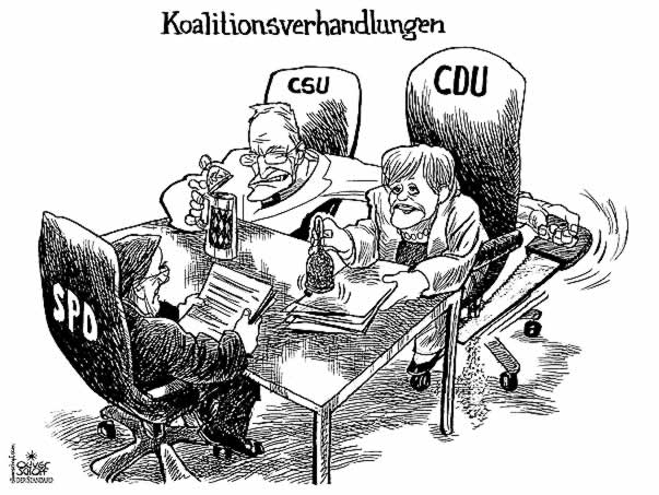  Oliver Schopf, politischer Karikaturist aus Österreich, politische Karikaturen, Illustrationen Archiv politische Karikatur Deutschland:  Koalition  Staeuber Gerd Schroeder; Angela Merkel  