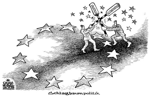  Oliver Schopf, politischer Karikaturist aus Österreich, politische Karikaturen, Illustrationen Archiv politische Karikatur Europa Beitrittskandidaten
2008:
EU, slowenien, kroatien, grenzkonflikt, schlagbaum, veto


