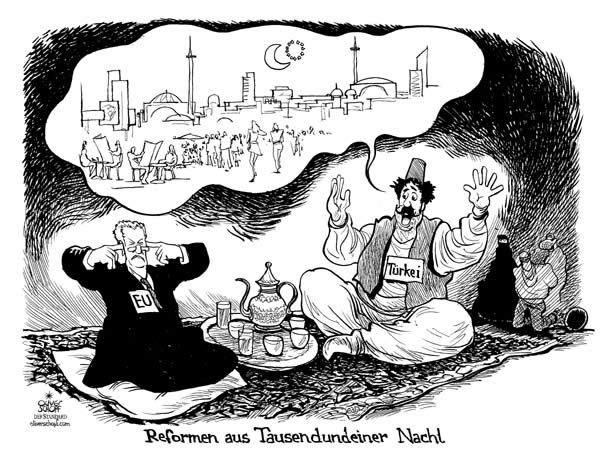  Oliver Schopf, politischer Karikaturist aus Österreich, politische Karikaturen, Illustrationen Archiv politische Karikatur Europa Türkei
EU-beitritt; eu, türkei,karikatur,reformen aus tausend und einer nacht



