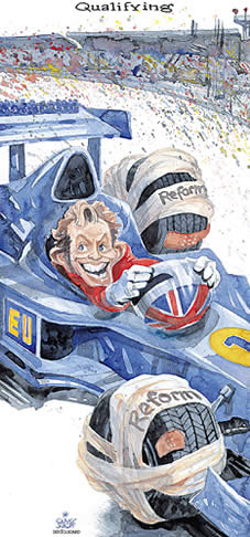  Oliver Schopf, politischer Karikaturist aus Österreich, politische Karikaturen, Illustrationen Archiv politische Karikatur Europa 2005 EU Europäische Union Ratspräsidentschaft
Blair Great Britain England Reform Formel-1-Wagen 
