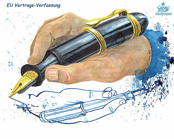  Oliver Schopf, politischer Karikaturist aus Österreich, politische Karikaturen, Illustrationen Archiv politische Karikatur Europa Gerichtshof EU Verfassung
2006; vertragsverfassung constitution


