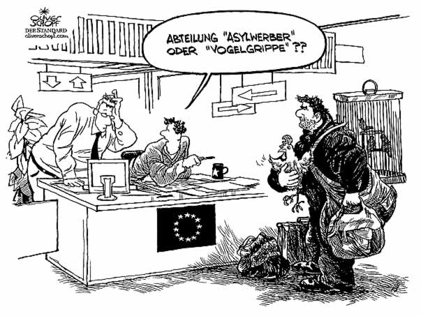  Oliver Schopf, politischer Karikaturist aus Österreich, politische Karikaturen, Illustrationen Archiv politische Karikatur Europa 
EU 2006: Vogelgrippe oder Asylverfahren

