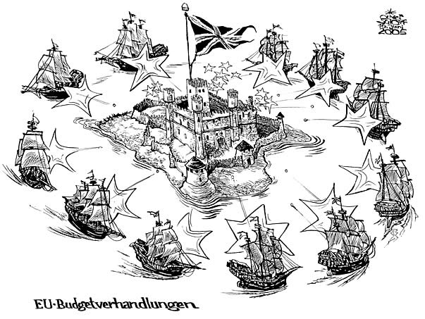  Oliver Schopf, politischer Karikaturist aus Österreich, politische Karikaturen, Illustrationen Archiv politische Karikatur Europa 
 EU gipfel budgetverhandlungen tower england great britain schiffe belagerung

