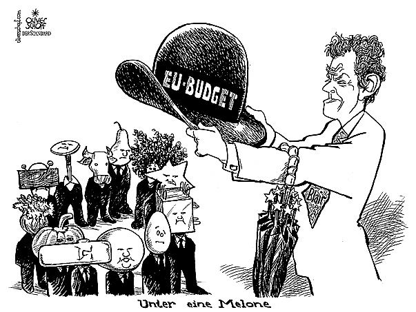  Oliver Schopf, politischer Karikaturist aus Österreich, politische Karikaturen, Illustrationen Archiv politische Karikatur Europa 
2007; EU: Mit Schirm Charme und melone, Tony Blair 2005

