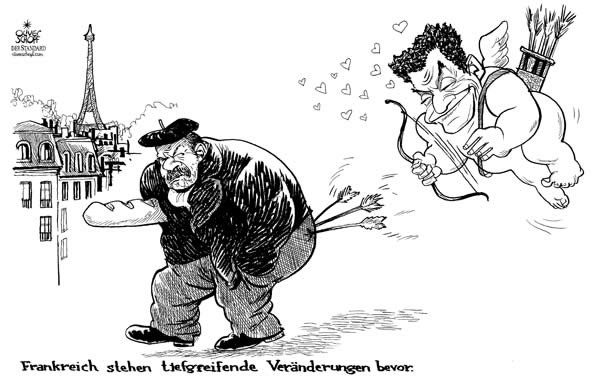  Oliver Schopf, politischer Karikaturist aus Österreich, politische Karikaturen, Illustrationen Archiv politische Karikatur Europa Frankreich 2007 nicolas sarkozy, amor, pfeil, liebe, tiefgreifende Veraenderungen



