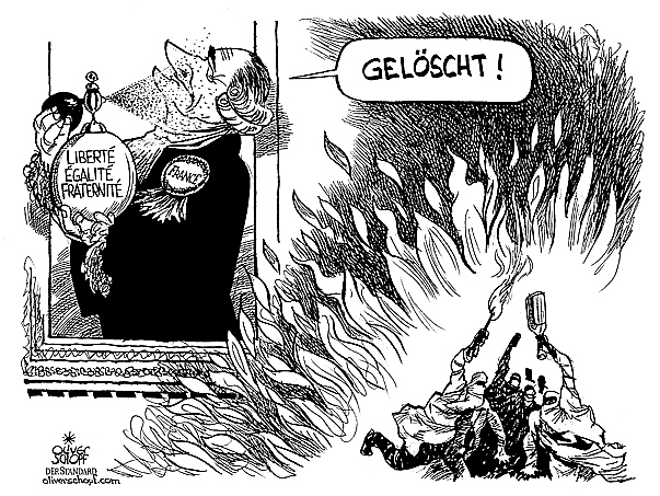  Oliver Schopf, politischer Karikaturist aus Österreich, politische Karikaturen, Illustrationen Archiv politische Karikatur Europa Frankreich Frankreich; Chirac und die Jugendkrawalle 2005

